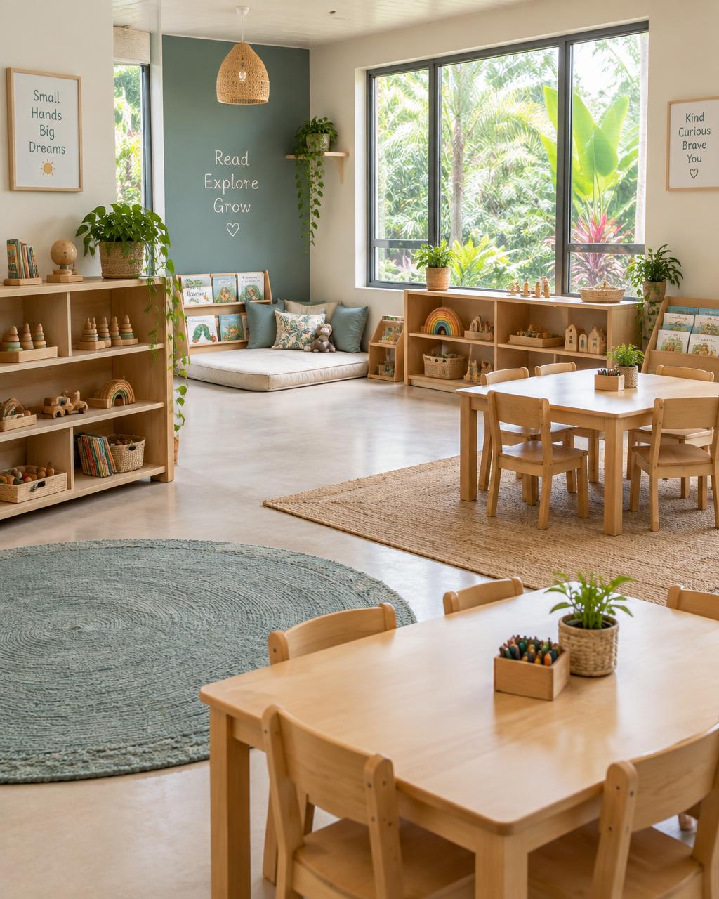 Bright preschool classroom with wooden furniture